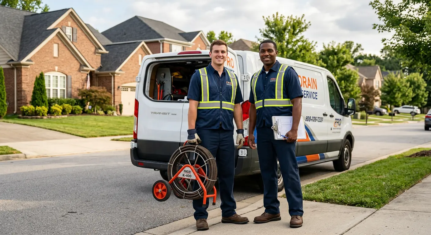 Sewer and drain service team with equipment ready for work in Eatontown