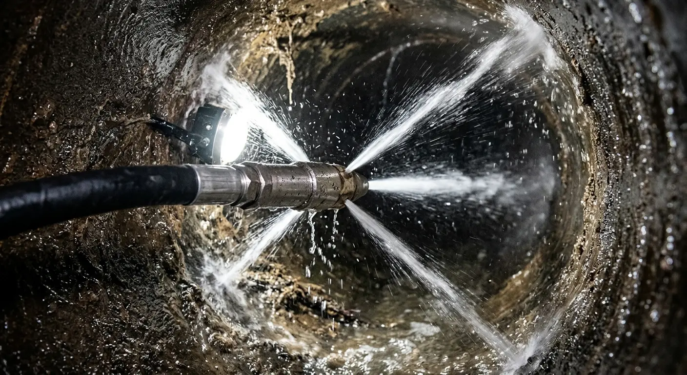 High-pressure hydro jetting nozzle cleaning sewer pipe for Trenchless Sewer Repair in Eatontown