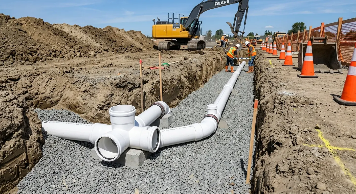 New PVC sewer pipe installation in open trench for Commercial Drain Cleaning in Eatontown