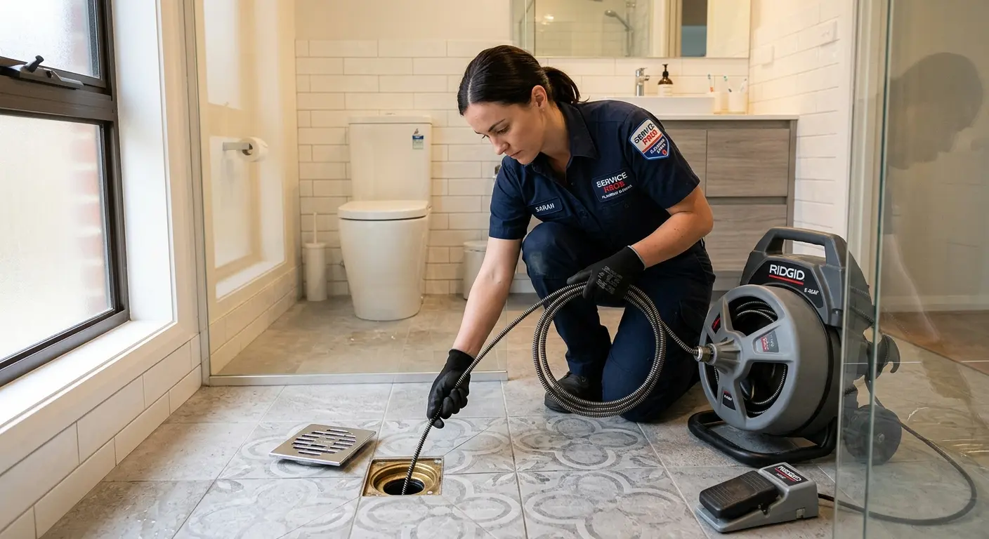 Technician clearing a bathroom floor drain for Clogged Drain Repair in Eatontown